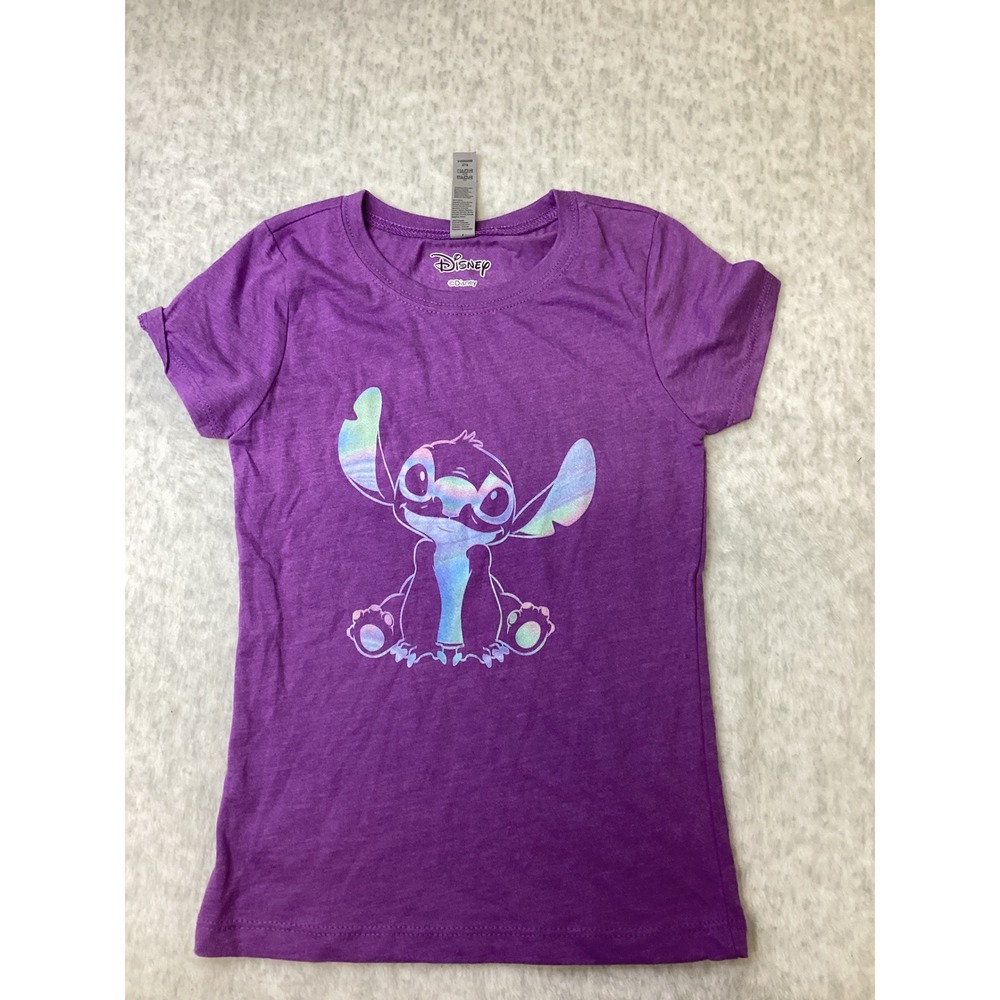 Disney Girls Stitch Purple Iridescent Holographic Graphic T-Shirt Size S 5/6